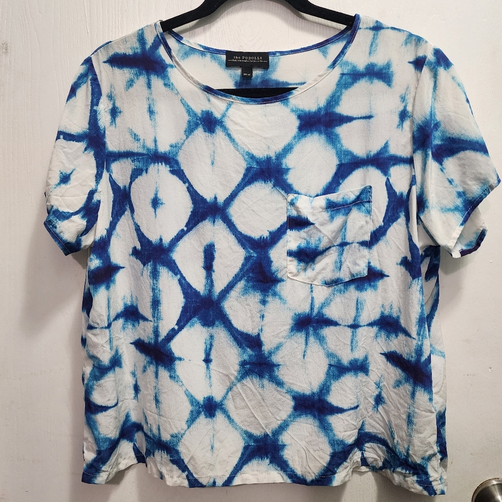 The Podolls Silk pocket tee blouse dyed blue & white
